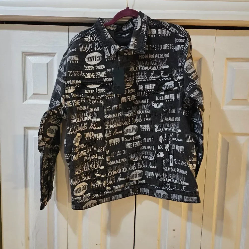 Homme + Femme Men's Black All Over Logo Print Button Front Denim Jacket Xlarge
